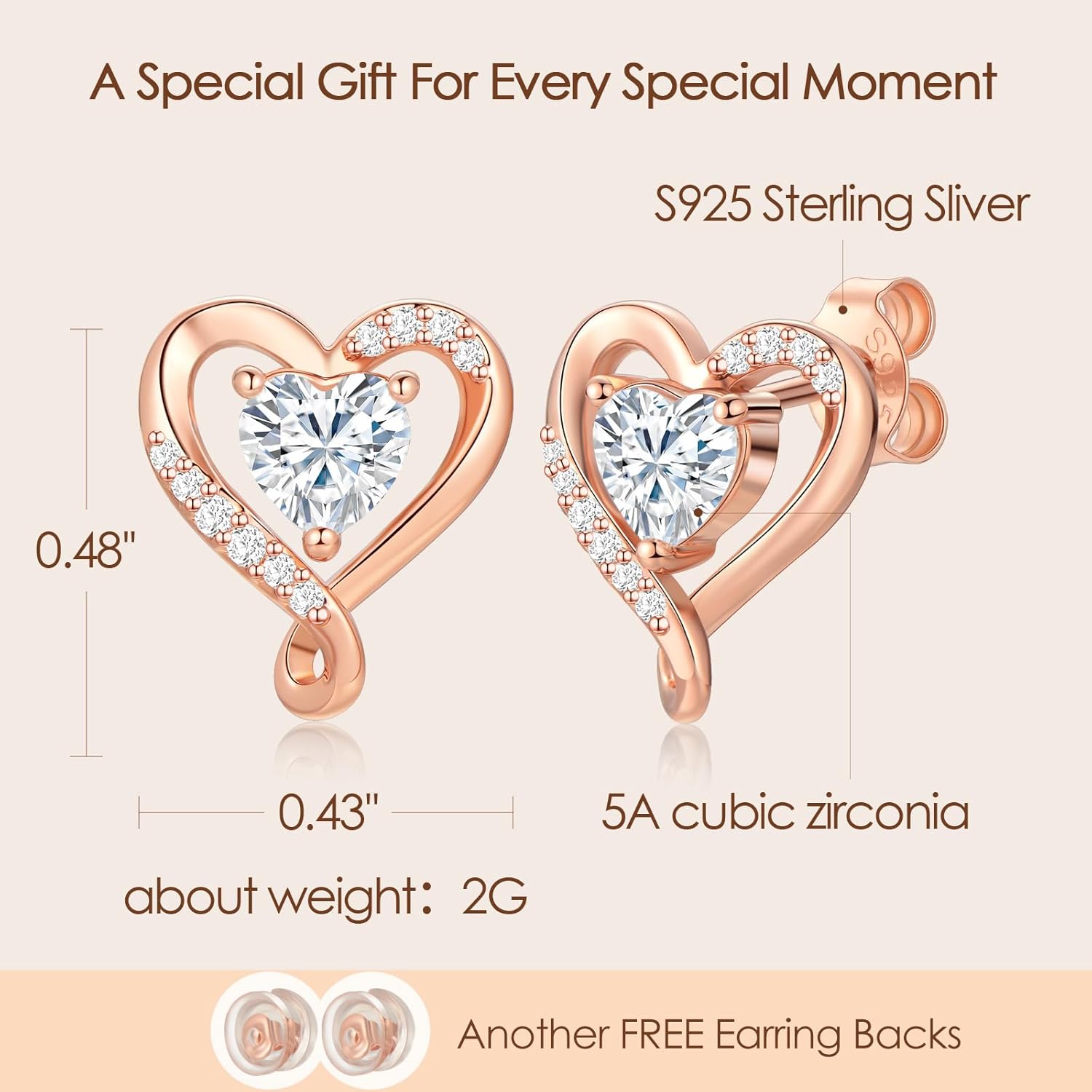 Zifeel Earrings for Women, S925 Sterling Silver Rose Gold Birthstone Heart Studs Earring for Girlfriend Wife, Anniversary Birthday Christmas Valentines Mothers Day Gifts Jewelry for Women Wife Her Mom - Image 4