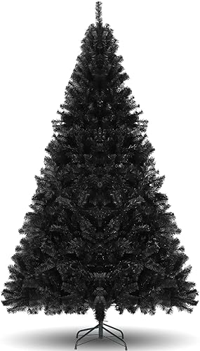 Miniatura 7 de Árbol de Halloween artificial negro de 7.5 pies, sin luz, árbol de Navidad de abeto con bisagras de alta calidad con 1346 puntas de ramas y soporte