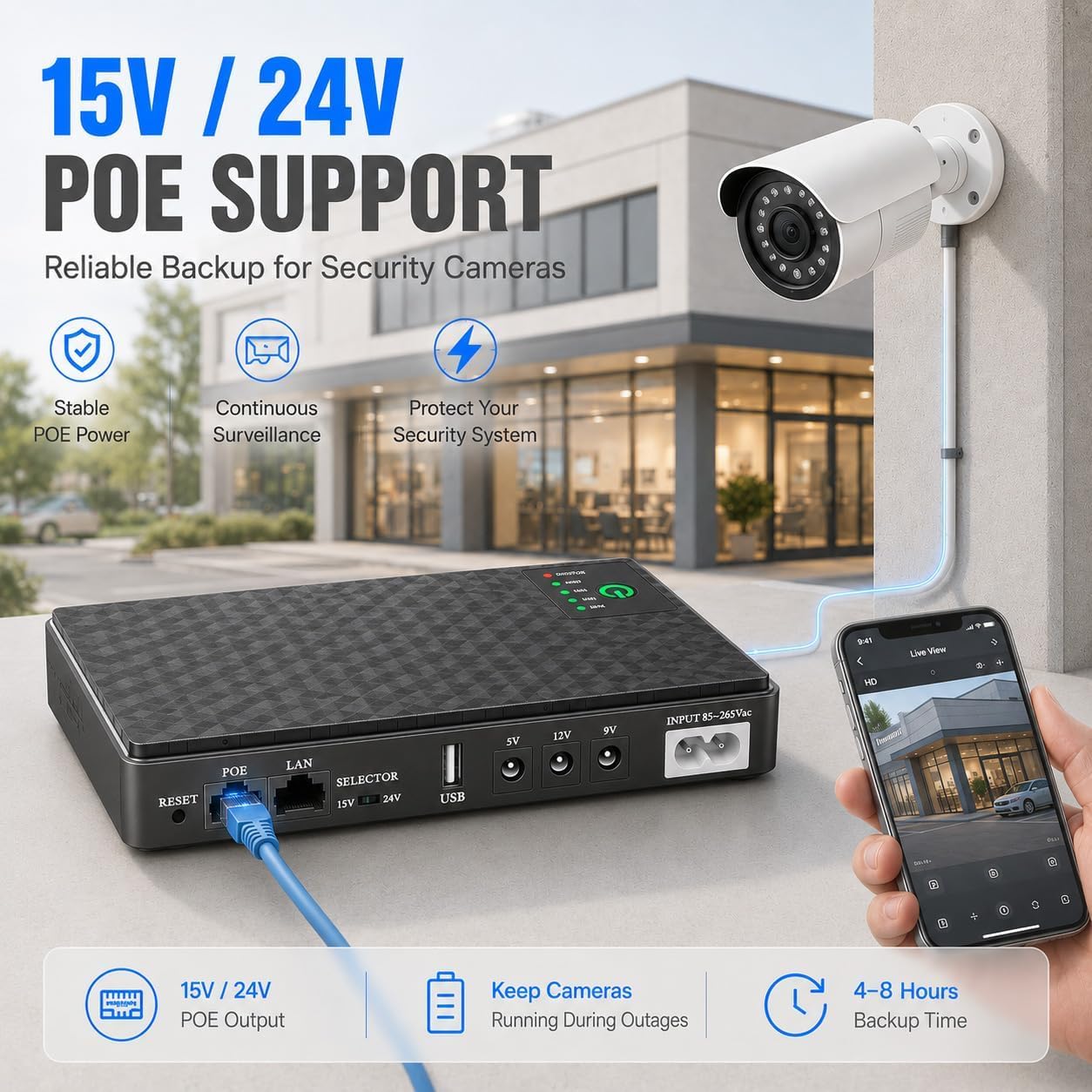 Mini USV batteria di backup per router, batteria integrata da 10400mAh, protezione da sovratensione con PoE, uscita USB 5V/2A, DC 5V/9V/12V,2A, alimentazione di emergenza