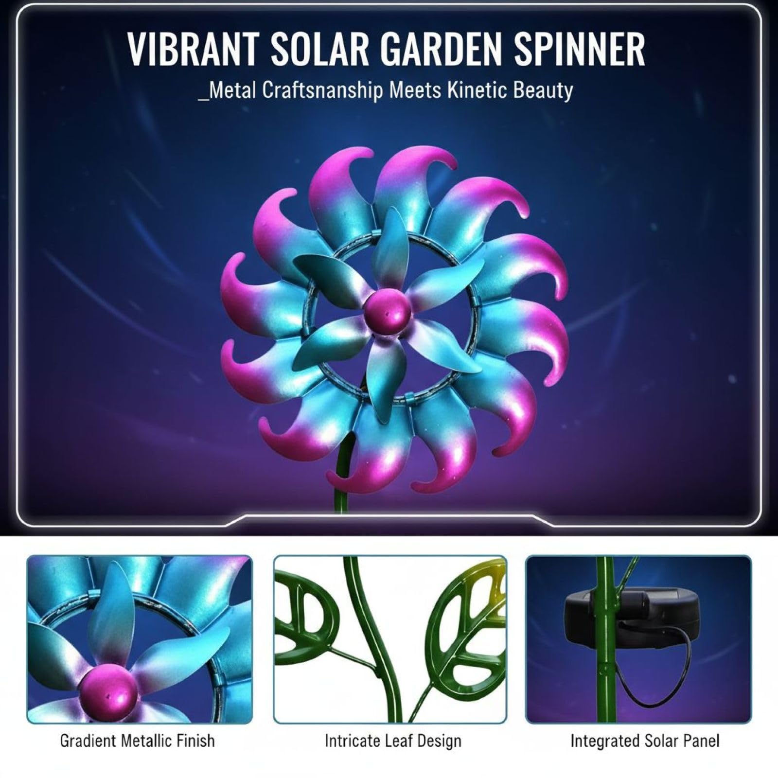 Molinillo de viento solar azul, 93 cm, escultura de viento de metal para decoración de jardín, molino de viento cinético con LED que cambia de color, funciona con energía solar, para césped y patio al