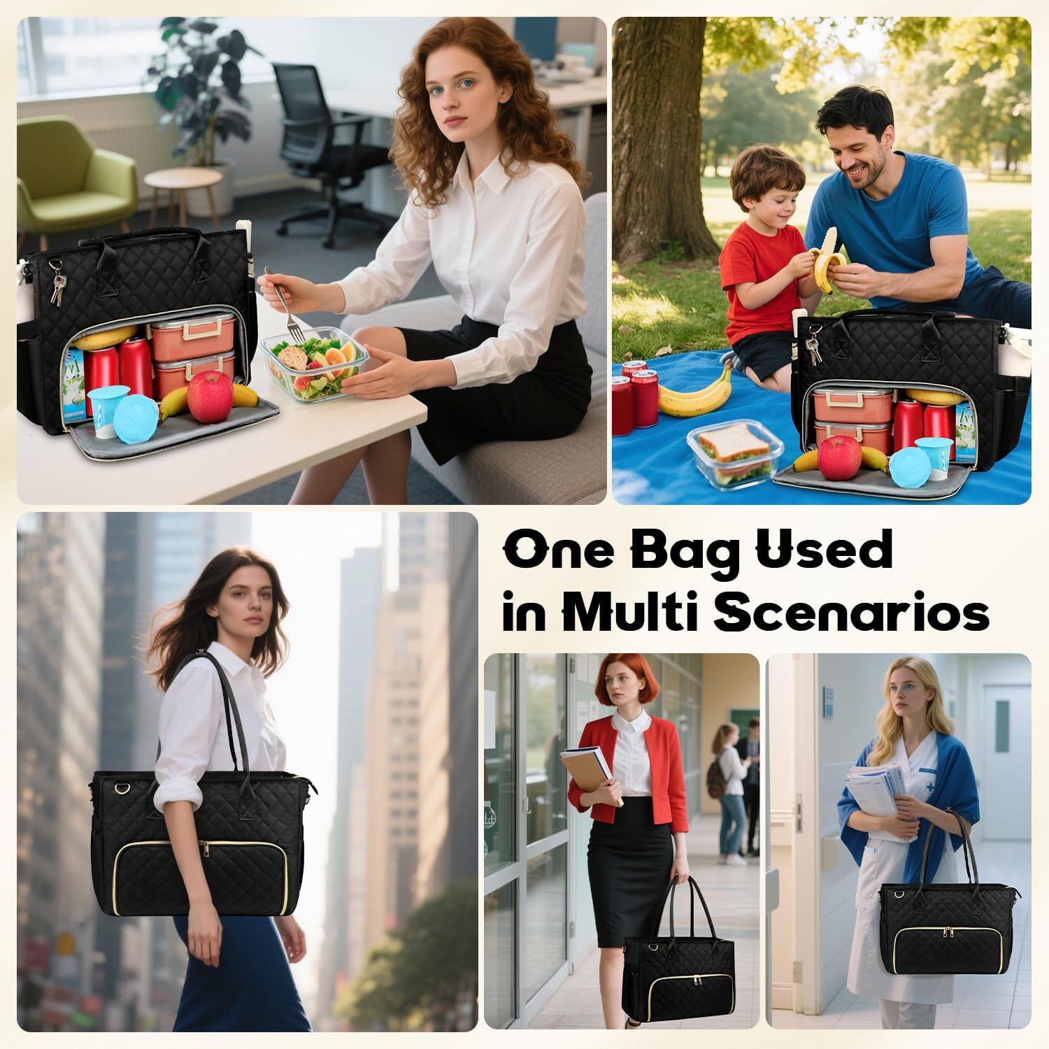 Lunch Tote Bag with 15.6 Inch Laptop Compartment& Water Bottle Pocket, Quilted Nylon Work Tote Bag with Large Insulated Lunch Compartment for Women School Business Teacher Nurse (Black) - Image 9