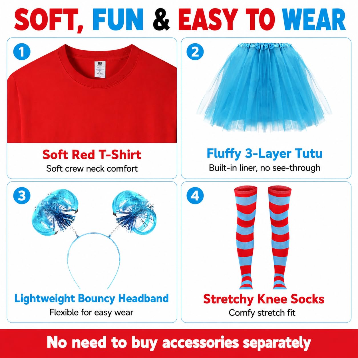 Conjunto de accesorios para disfraz de tutú de tul para niña, camiseta roja, falda tutú, calcetines altos a rayas hasta el muslo, diadema azul
