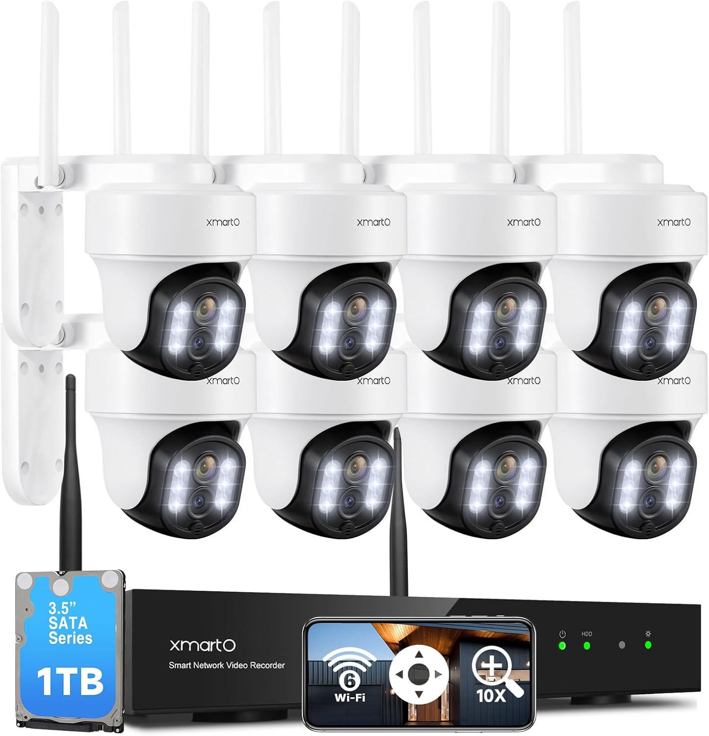 XMARTO 10X Zoom Mesh WiFi6 PTZ AI Tracking Security Camera System, 8-Cam 2K Dual Lens Bundle, 10CH 4K Expandable NVR 1TB HDD, Long Range WiFi, Plug-in 24/7 Wireless Indoor/Outdoor Surveillance