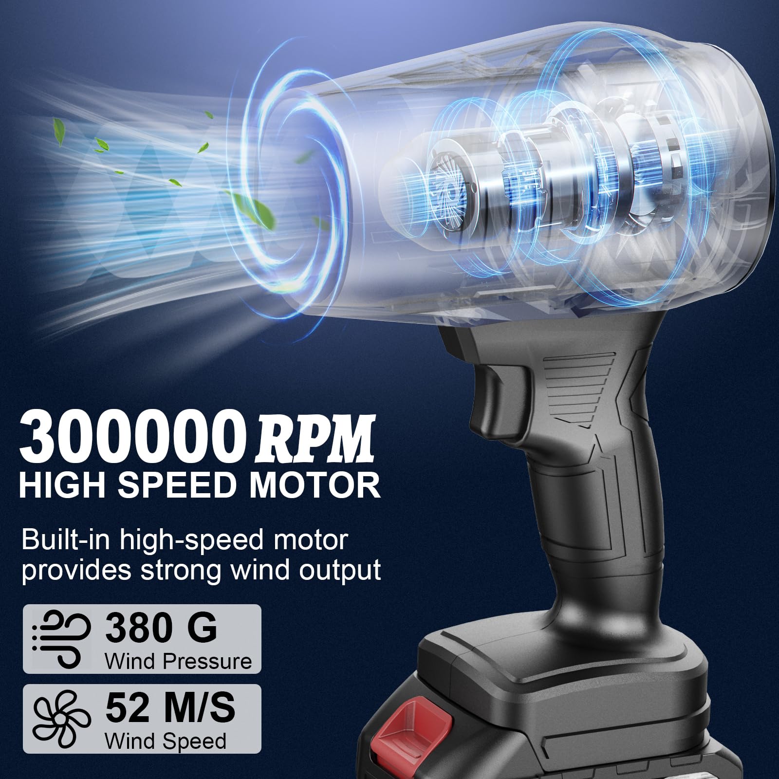 MGYM Soplador de hojas inalámbrico con batería y cargador, soplador turbo de mano portátil de 21 V, 300000 rpm, limpiador de polvo de alta velocidad con 2 baterías para el cuidado del césped del patio