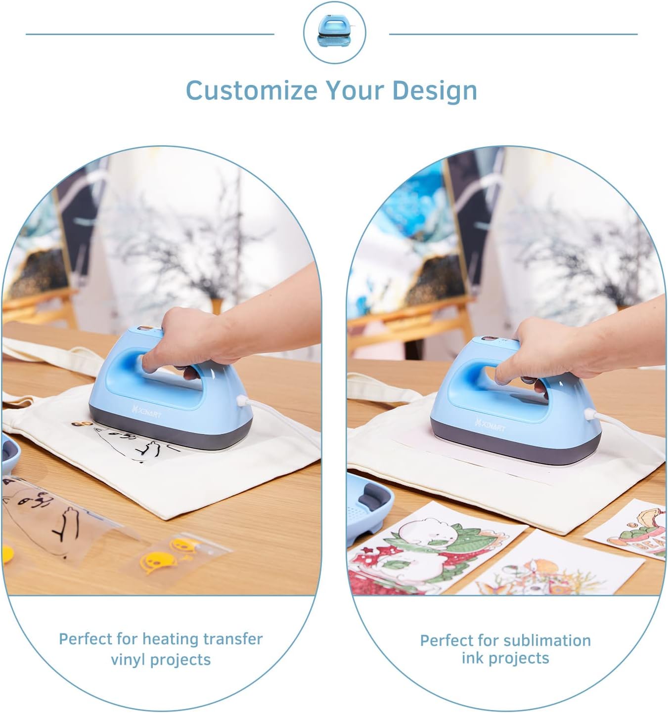 Xinart Small Heat Press with Display (285℉ to 400℉) 7"x3.8" Mini Heat Press Machine for T-Shirts, 4 Levels Temp Settings Portable Heat Press Iron for HTV Vinyl & Sublimation Ink Projects-Blue