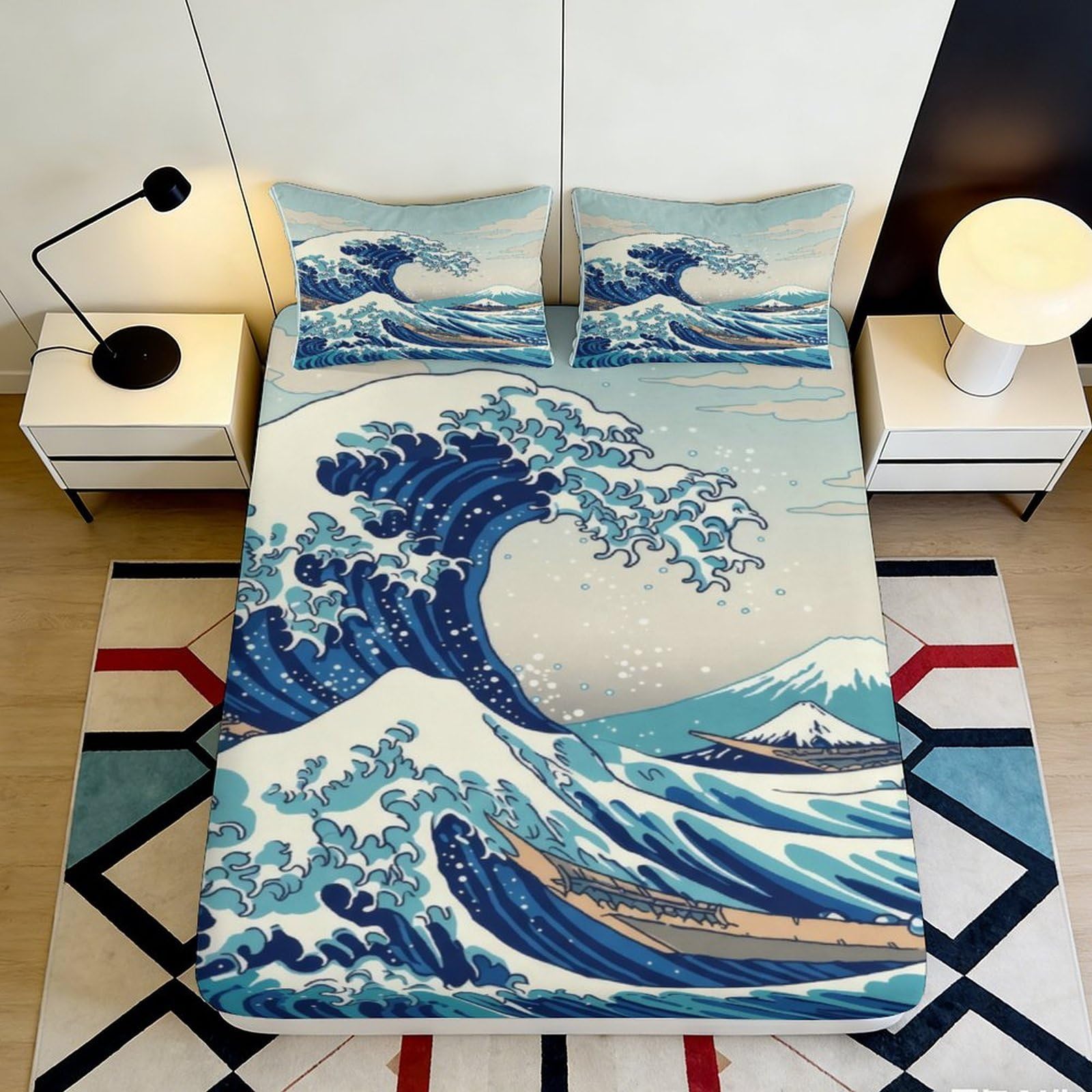Kzqjxnhpcr Style-3 3D Printing Great Wave Fitted Sheet Microfiber Deep Pocket Non-Slip Bedding Set Great Wave Mattress Fitted Cover For Bedroom Adults Teens Washable 90X200x25cm 90X200x25cm