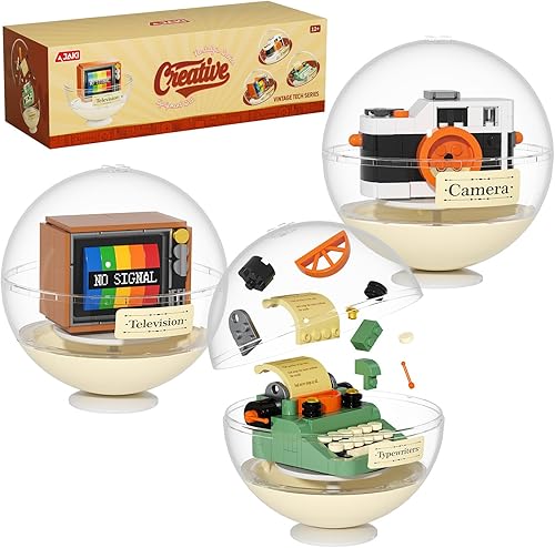 JAKI Juego de bloques de construcción de la serie retro clásica con cubierta antipolvo, incluye cámara retro, máquina de escribir, televisión,