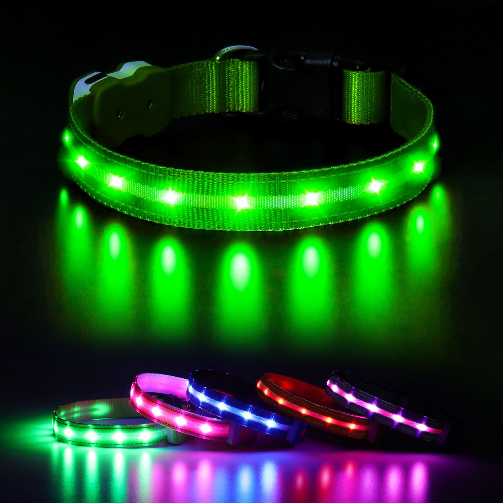 CAWJUG Light up Dog Collar, Rechargeable LED Dog Collar with 3 Glowing Modes, Adjustable Flashing Dog Collar for Small Medium Large Dogs(Green, S)