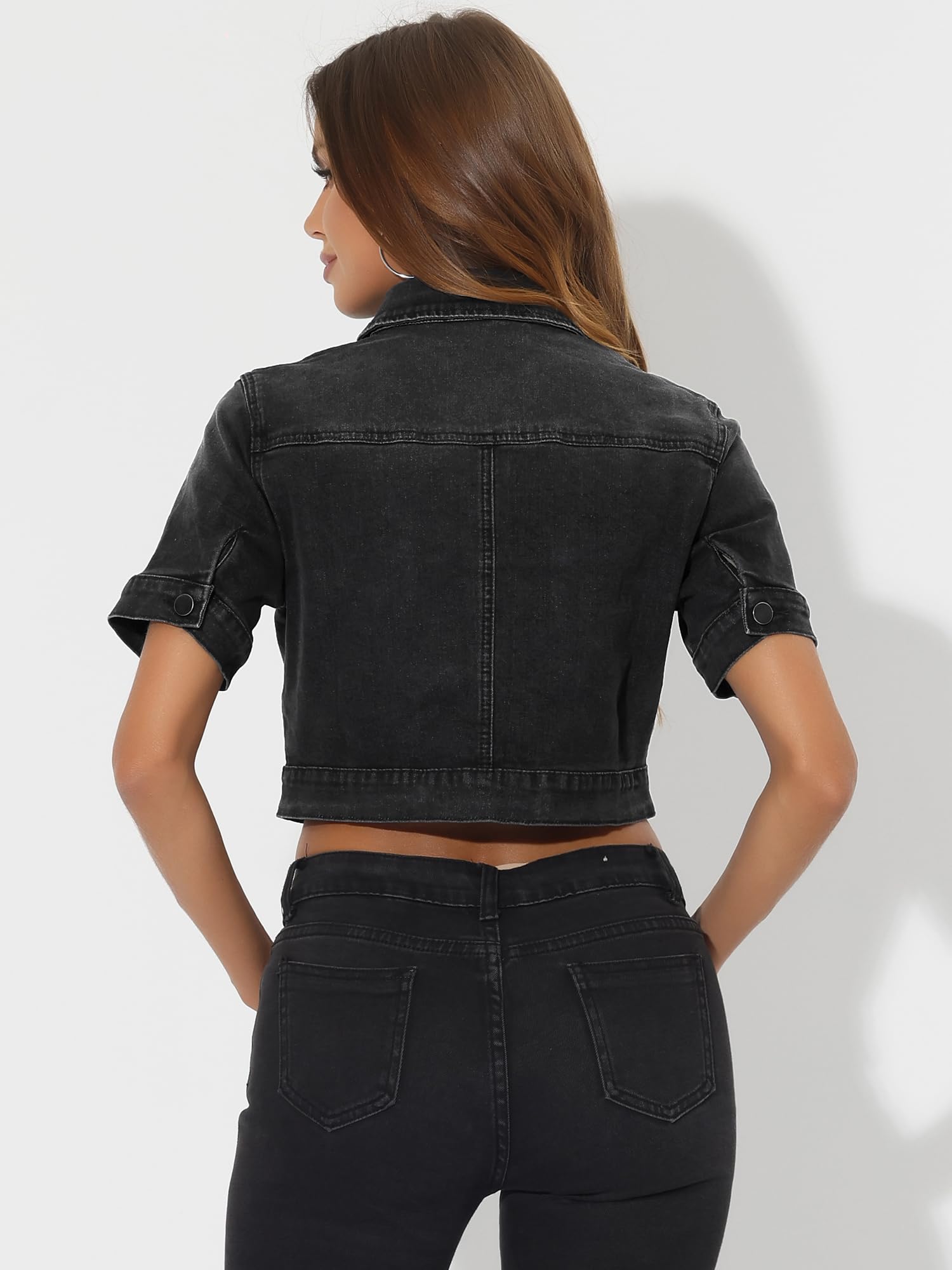 Allegra K Veste Jean Femme Rétro Blouson Denim Courte Boutonnage Col Revers & Taille Cintrée Manches Courtes Style Vintage Décontracté