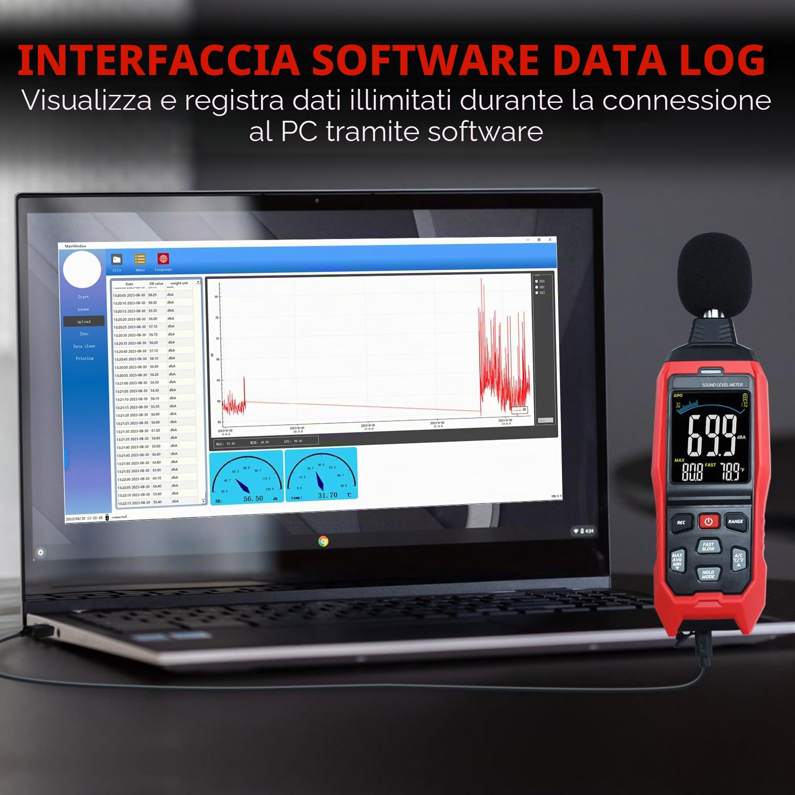 Decibel Meter con registrazione dei dati Sound Decibel Meter Data Logger, 30 ~ 130dB Misuratore di livello sonoro con allarme visivo acustico, misuratore del suono con dati di esportazione,