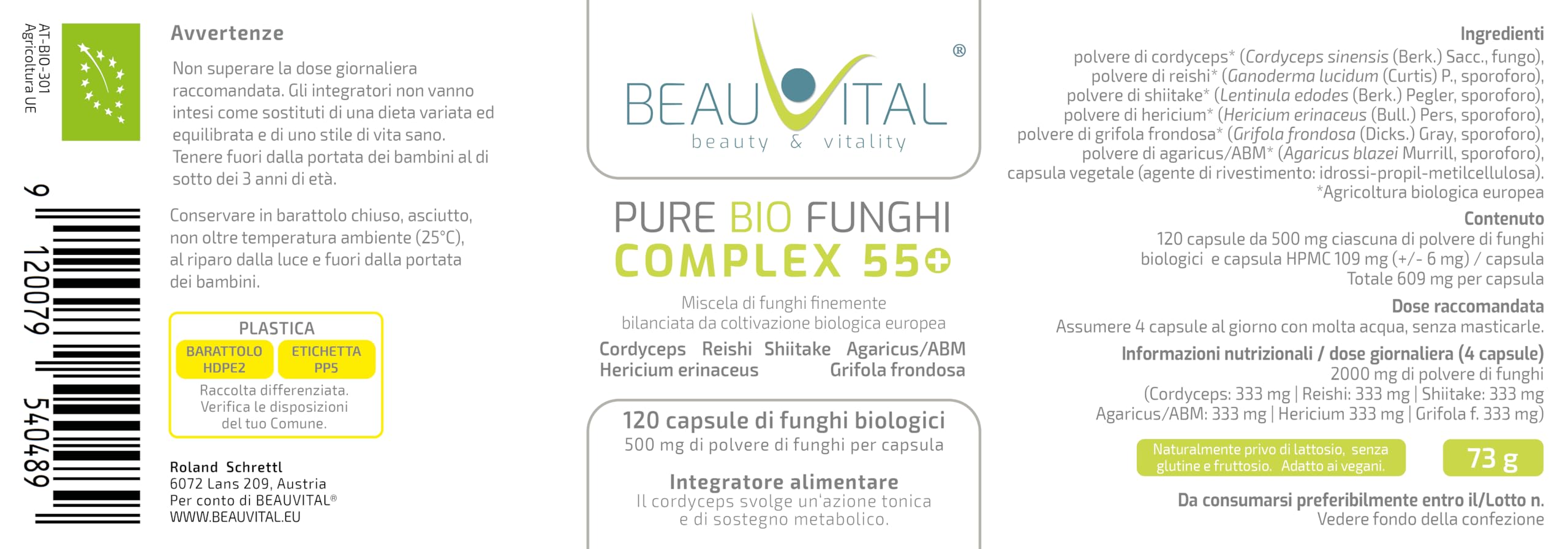 Pure Bio Mix Funghi medicinali Complex 55+ 120 capsule da 500 mg da Cordyceps Hericium Reishi Agaricus Maitake Shiitake da agricoltura biologica dell'UE, vegano