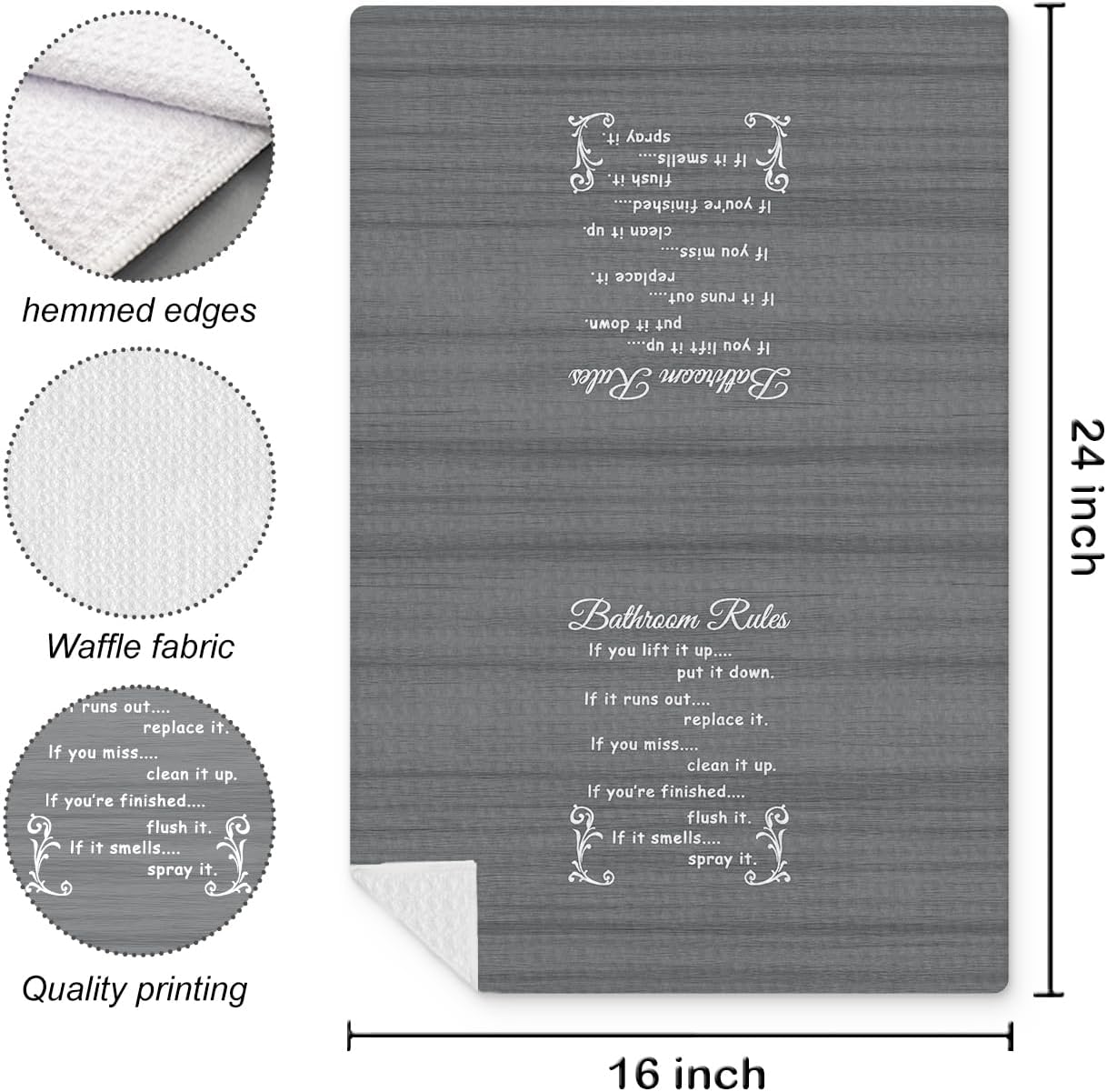 Funny Bathroom Rules Decorative Hand Towels Set of 2, Rustic Farmhouse Hand Towels for Bathroom Decor, 16x24 Inch(Elegant Gray Style) - Image 6