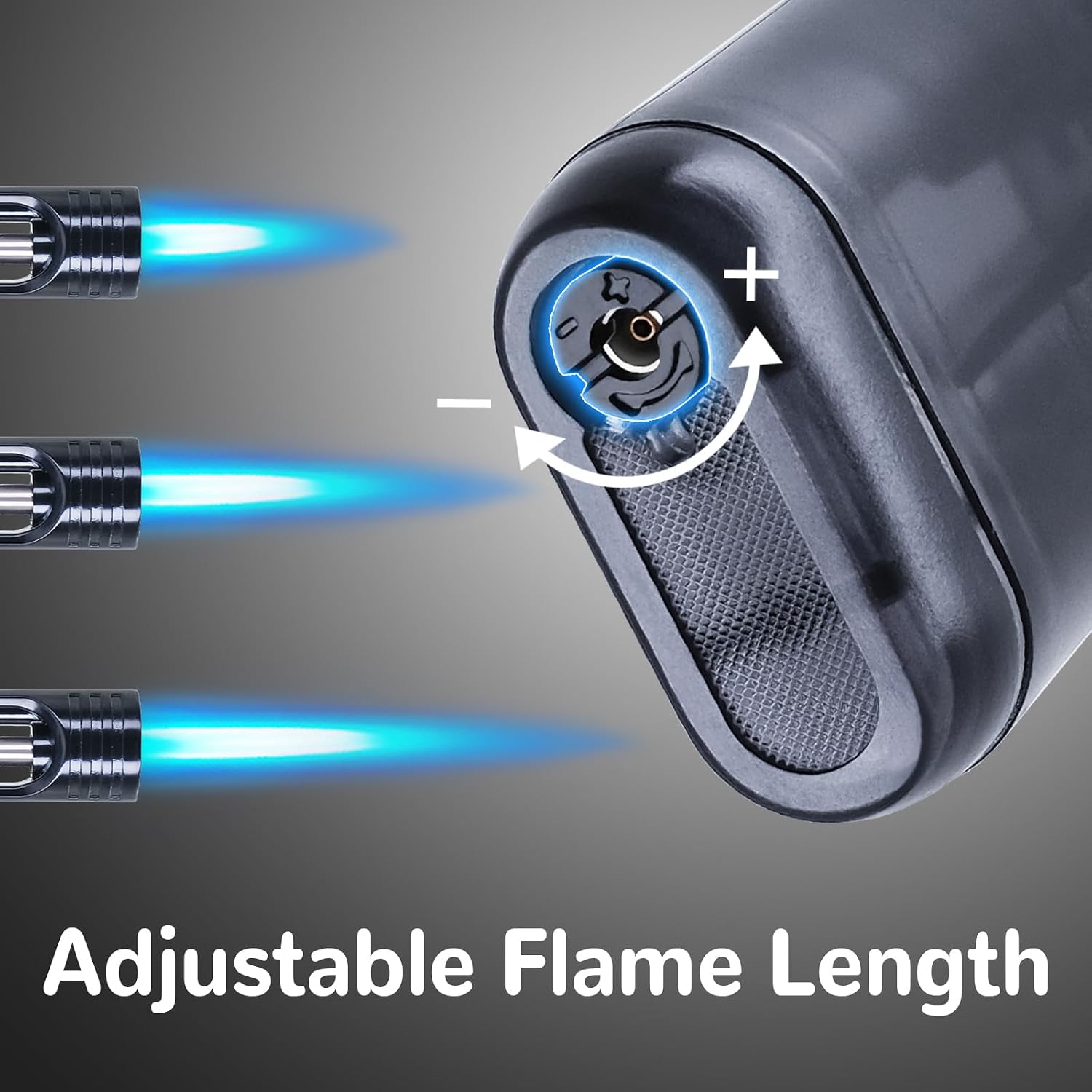 Bottom view of the Laffizz Mini Butane Torch Lighter, highlighting the adjustable flame length knob.