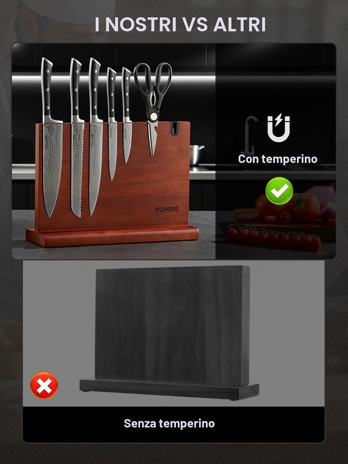 FOHERE Set di Coltelli da Cucina 7 Pezzi in Acciaio Inossidabile, Set di Coltelli con Ceppo Portacoltelli Doppio Lato Magnetico, Coltello da Cucina con Porta coltelli Magnetico in Acacia