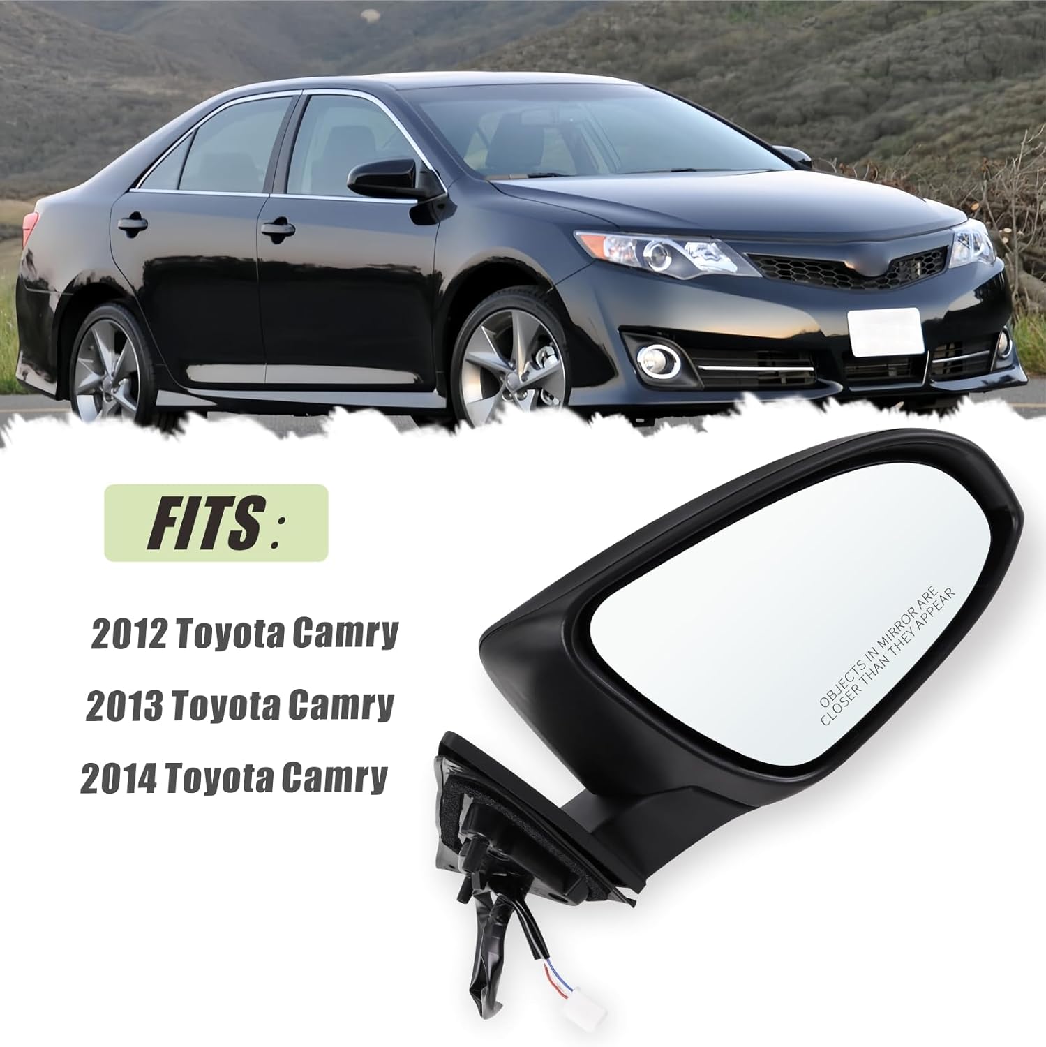 Right Passenger Side Mirror Fits 2012 2013 2014 Toyota Camry with Manual Folding Power Glass Non-Heated Black Replace#87908-06401(3Pins)