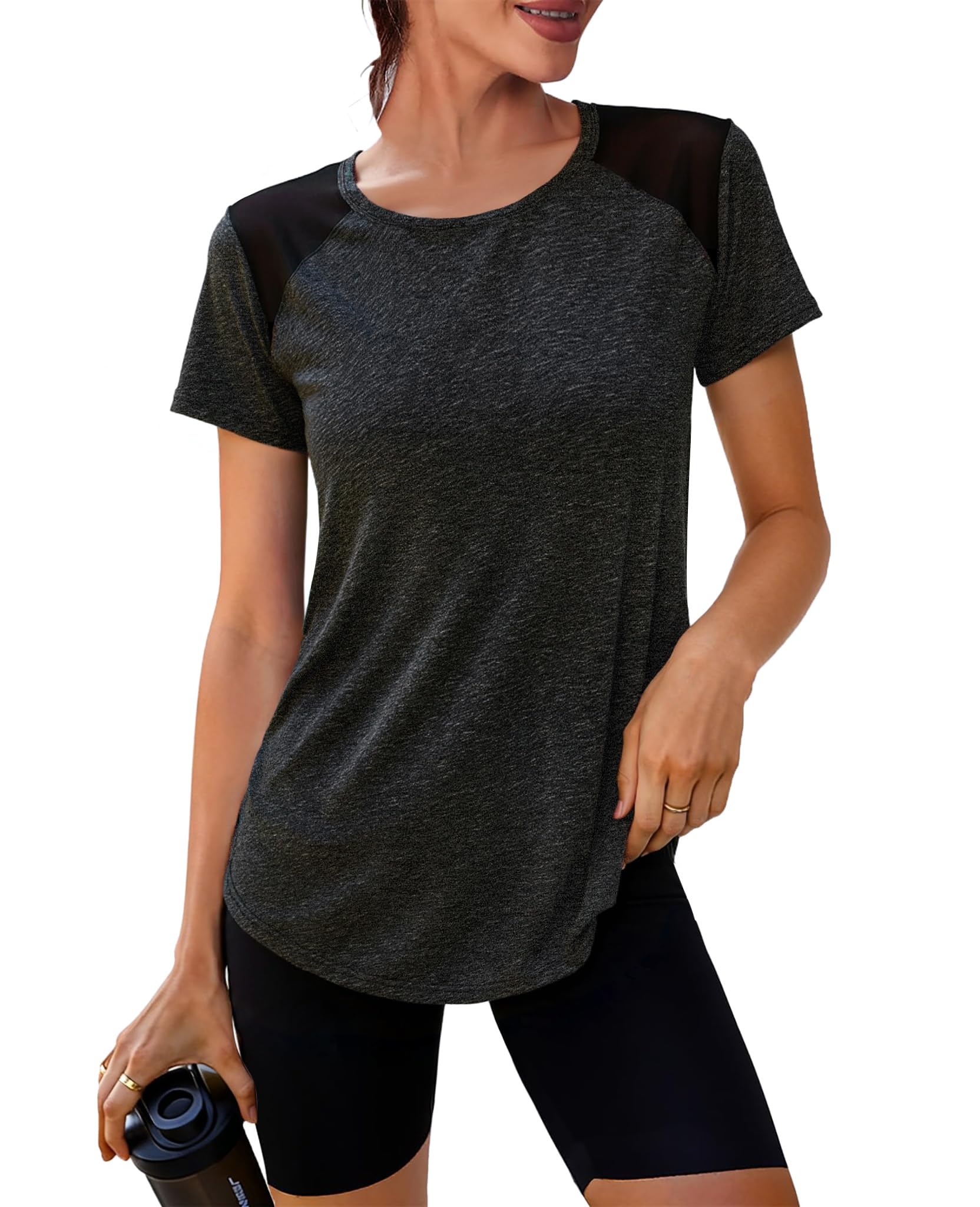 Crewhpo Sportshirt Damen Kurzarm Funktionsshirt Back Mesh Sportshirt Leicht Laufshirt Fitness Locker Sport Oberteile Atmungsaktiv Sport Tshirt Für Yoga Tennis S-XXL