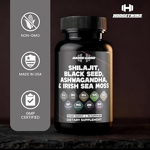 Vista 4 de DAMN GOOD Shilajit Cápsulas Power Stack - Semilla negra, Ashwagandha, Irish Seamoss - 90