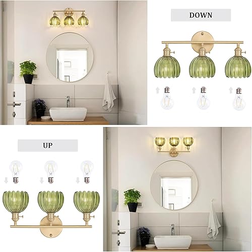Miniatura 6 de Lámpara de baño, lámpara de pared de latón de 3 luces sobre espejo con pantalla de cristal de tulipán verde para dormitorio, sala de estar (bombilla
