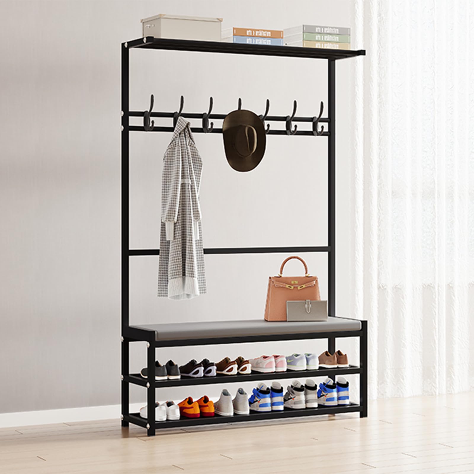SWENEEN Freestanding Rack Storage Entryway Tree Stool,Sturdy Frame Nized Coat For Entryway,Black-90 25.5 160cm