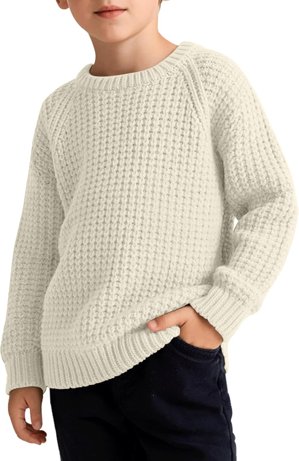 Boys' Waffle Sweater Thermal Thick Chunky Knit Tops 5-13 Years Crewneck Long Sleeve Shirts Casual Kids Pullover