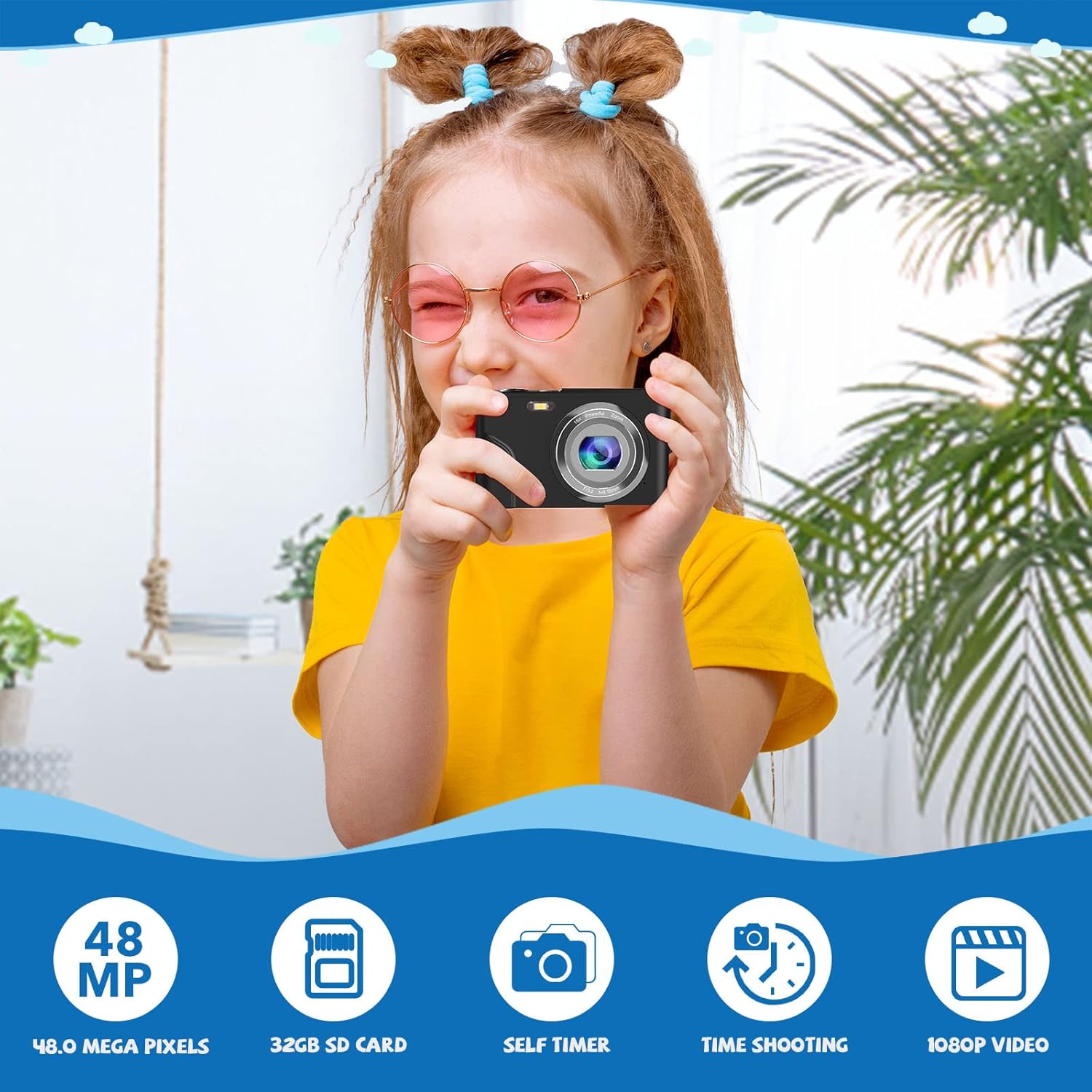 Digital Camera, Mini Kids Camera Autofocus FHD 1080P 48MP 16X Zoom LCD Screen with 32GB TF Card 2 Batteries & Charger Compact Portable Camera for Teen