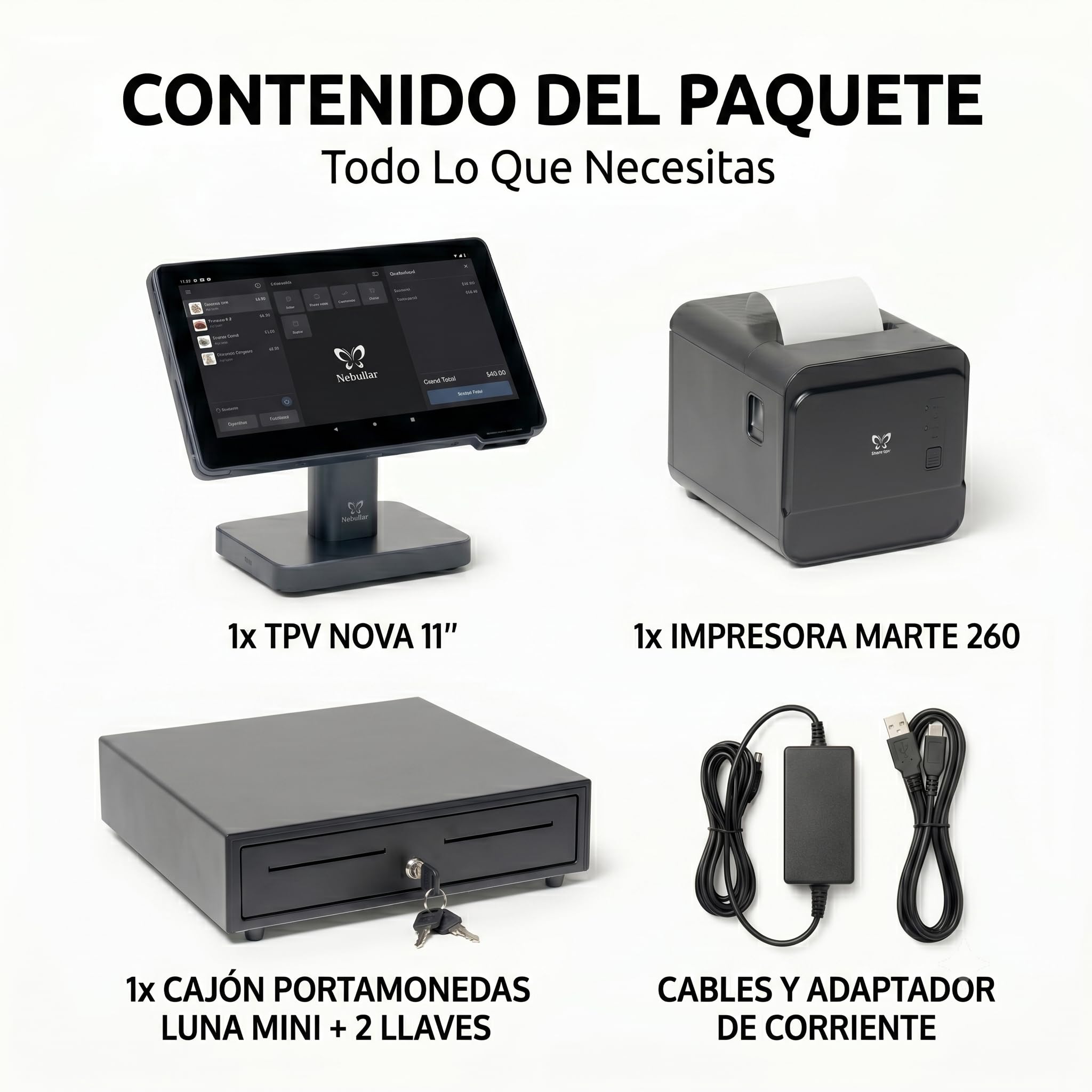 Pack Nova TPV Android 13 de 10.95 Pulgadas Terminal Punto de Venta con Impresora Termica 80 mm Cajon Portamonedas NFC WiFi 4G Negro