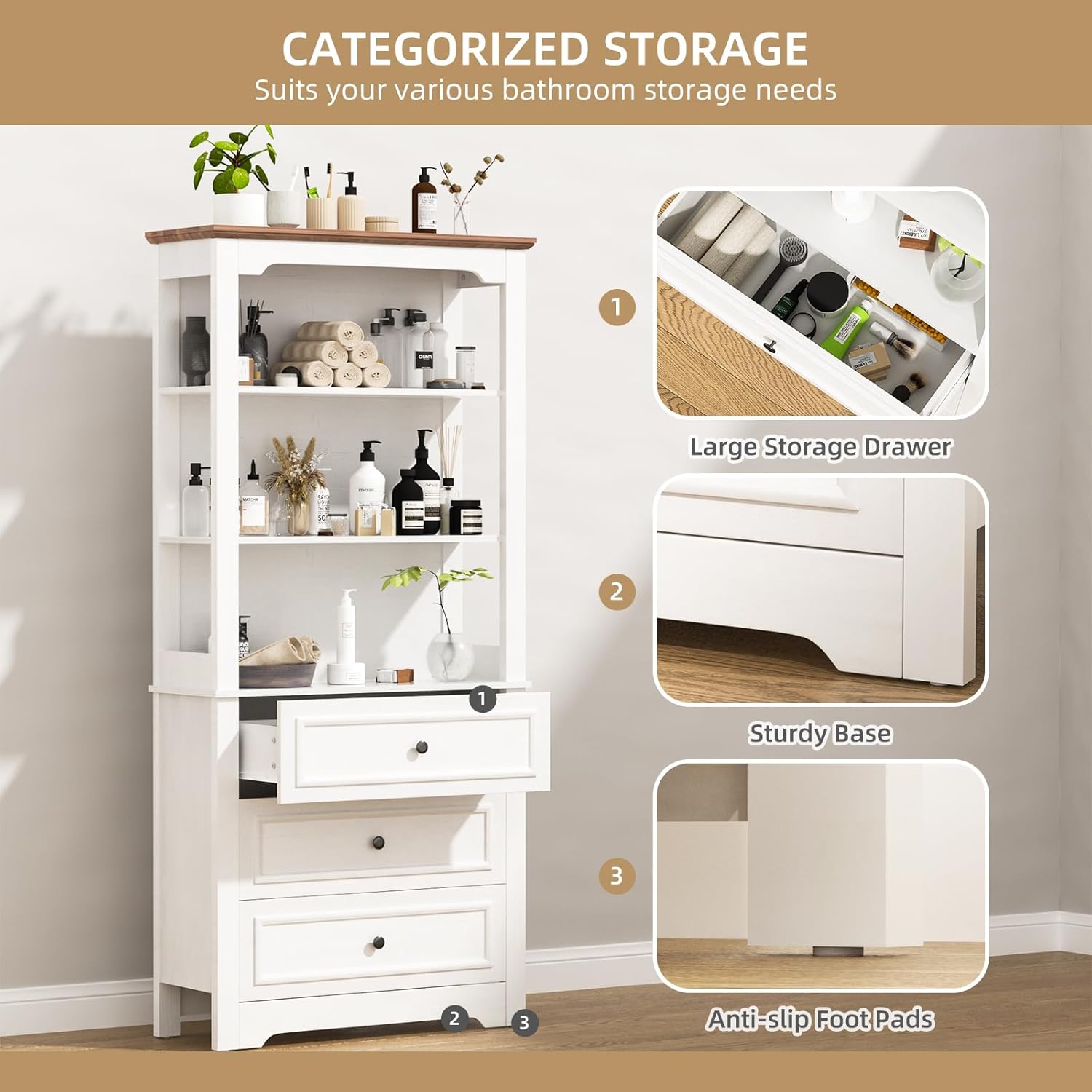 Bookcase 4-Tier Bookshelf with 3 Drawers, Pantry Storage Cabinets, 68'' Freestanding Tall Bathroom Cabinet, Sideboard Microwave Space Cupboard Organizer for Home Office, Retro White