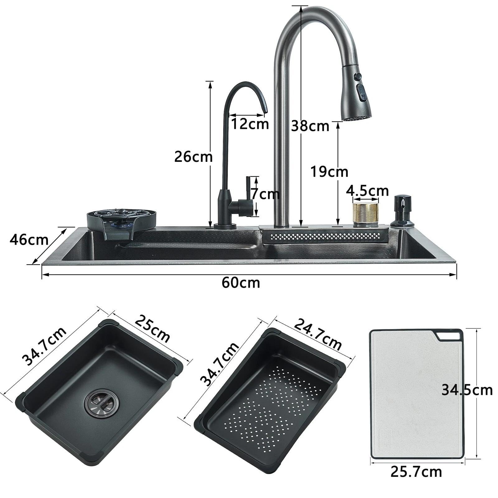 Evier Cuisine Inox 1 Bac avec Robinet Extensible et Pure Rince Verr Automatique 1 Bac avec Egouttoir 60 * 46 * 20cm Inox