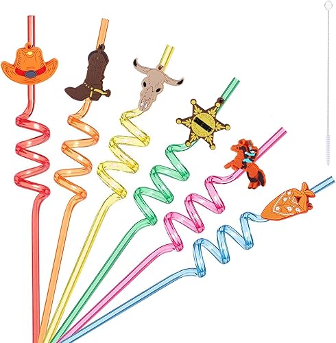 20 popotes temáticos de vaquero, regalos de fiesta de vaquero, suministros de decoración de fiesta de vaquero occidental, pajitas en espiral para