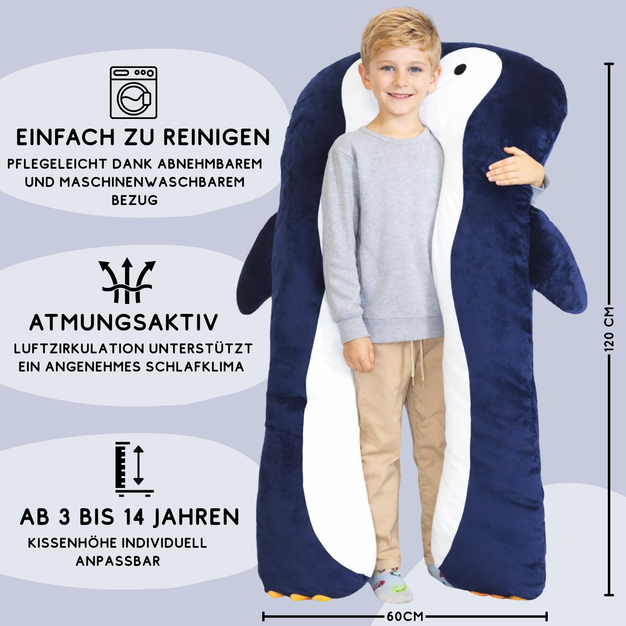 DRACA Seitenschläferkissen Kinder Pinguin Komfortkissen Anti Stress ADHS Einschlafkissen Multifunktionskissen Baumwolle Tierform Großes Kuschelkissen