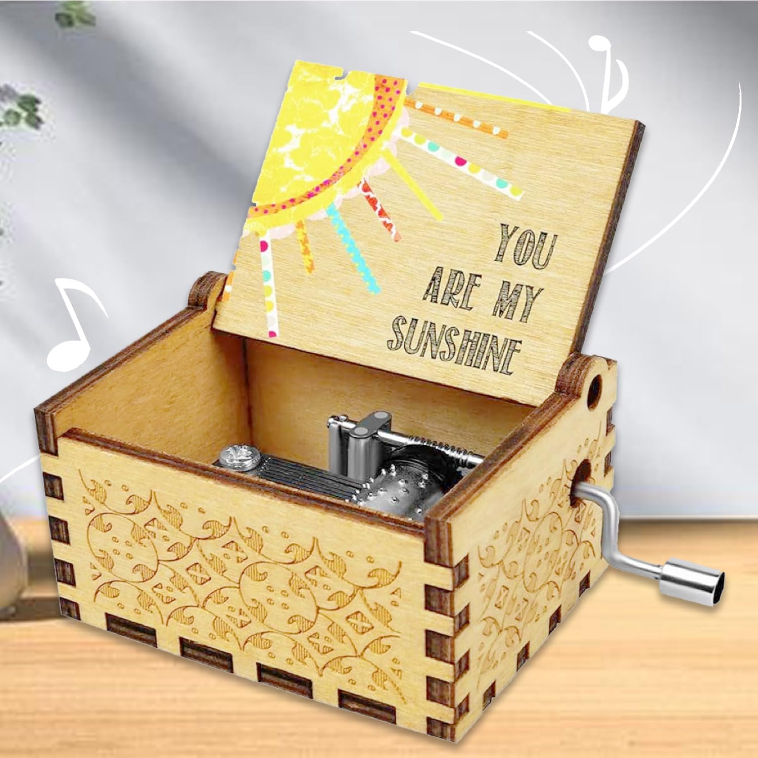 Wooden Music Box, You are My Sunshine Hand Crank Mini Music Box Gifts, Laser Engraved Wood Musical Box for Birthday, Wedding Anniversary Valentines Day (A Style)