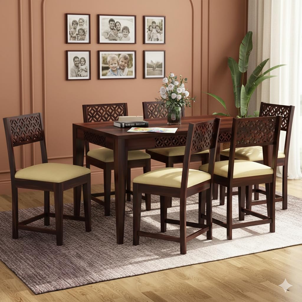 KENDALWOOD™ Furniture CNC Cutting Solid Wood Solid Wood 6 Seater Dining Set | Wooden Dining Table with Chair - Dining Room Furniture (Finish Color:- Walnut Finish with Cream Cushions)