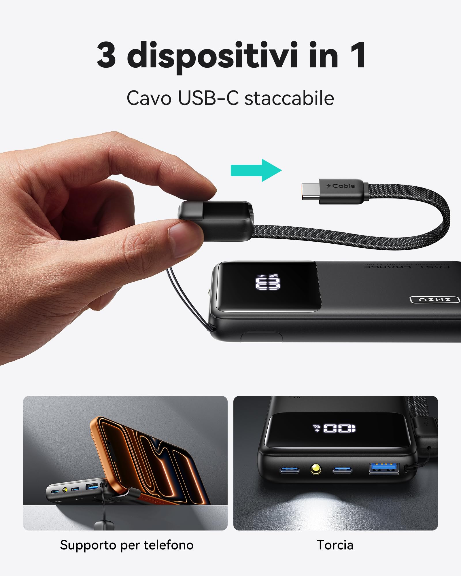 INIU 45W Power Bank, 10000mAh Il Più Leggero Ricarica Rapida Powerbank, PD3.0 QC4.0 USB C Input & Output Caricatore Portatile per iPhone 17 16 15 14 13 Pro Max Mini Plus Samsung Huawei iPad Pro