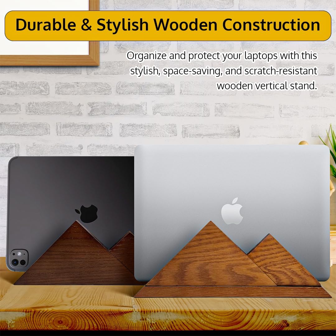 Dual Laptop Holder Vertical Stand 2 Slots Wooden - Dark Brown (Walnut Color) - Vertical Holder for Desk, MacBook Pro & Air, Desktop Organizer Made of Natural Wood, Adjustable Stand for Notebooks