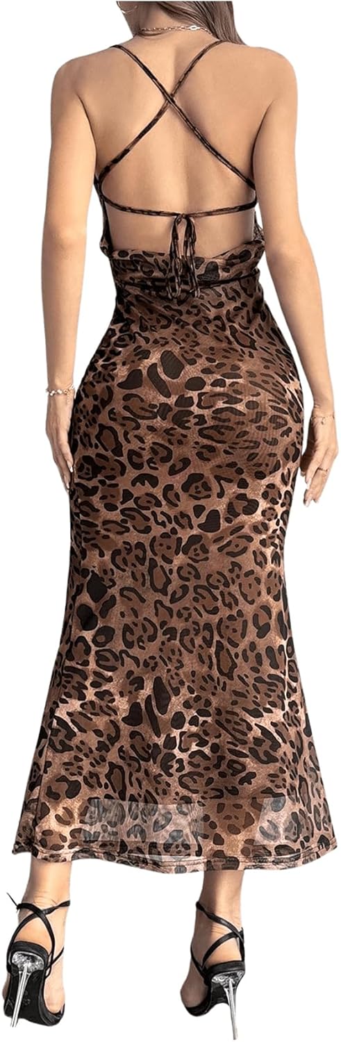Milumia Women's Leopard Print Cowl Neck Maxi Dress Sexy Backless Long Dress Party Cocktail - Image 2