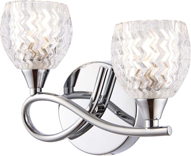 Reagan Decorative Wall Light  Dimmable Indoor Home Lights  Internal Wall Light with Patterned Glass  Led Sconce 33W Twin Wall Lamp  IP20 Rated Hallway Lamp  G9 Crystal Lampshade  Chrome