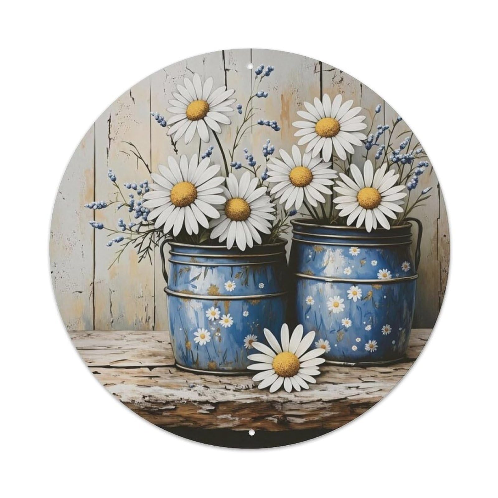 Daisy Blue Floral Pattern Print Metal Tin Sign