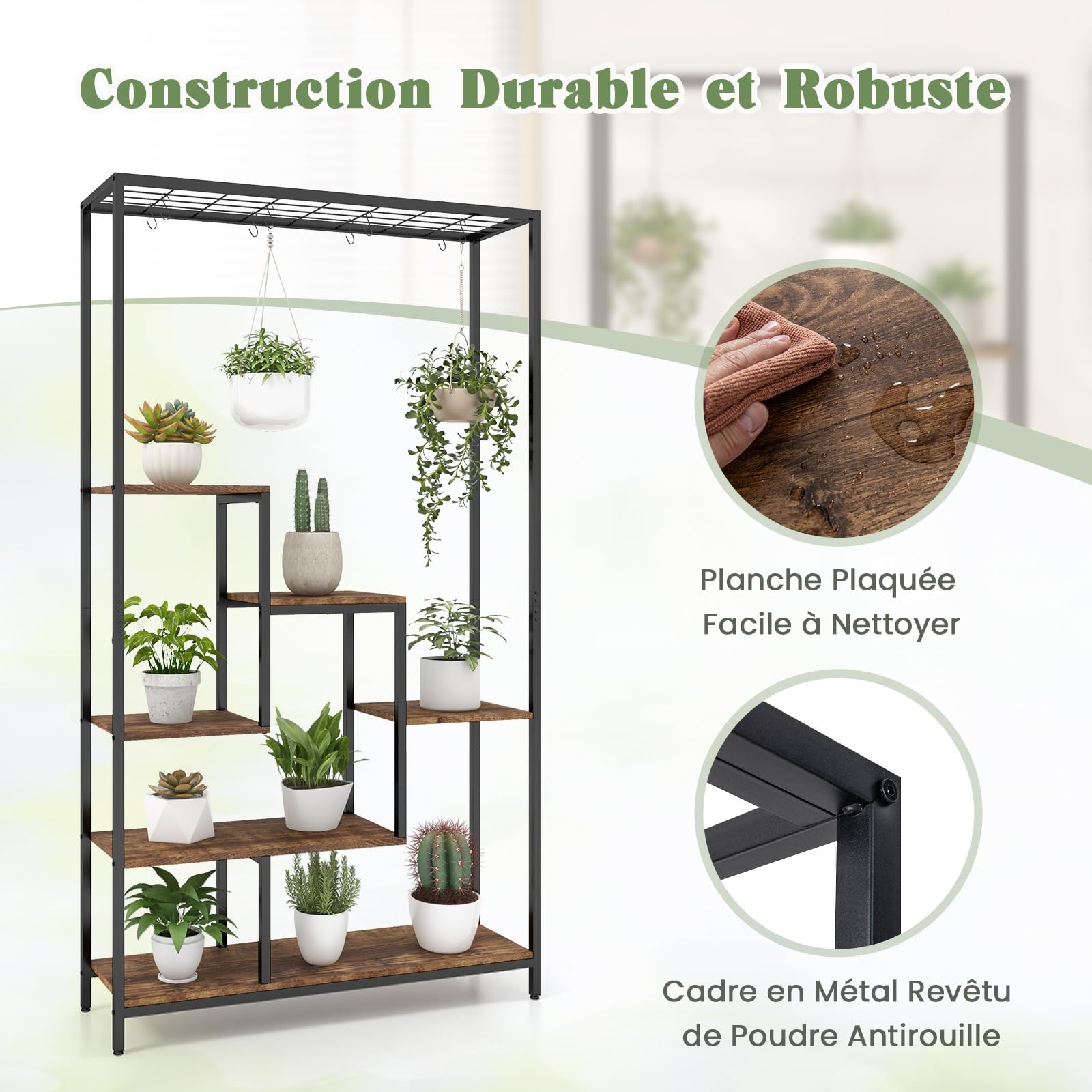 RELAX4LIFE Étagère à Plantes à 6 Niveaux 180 CM avec 10 Crochets Suspendus, Étagère d'Angle Ajustable pour Salon Terrasse Jardin (Noir+Brun)