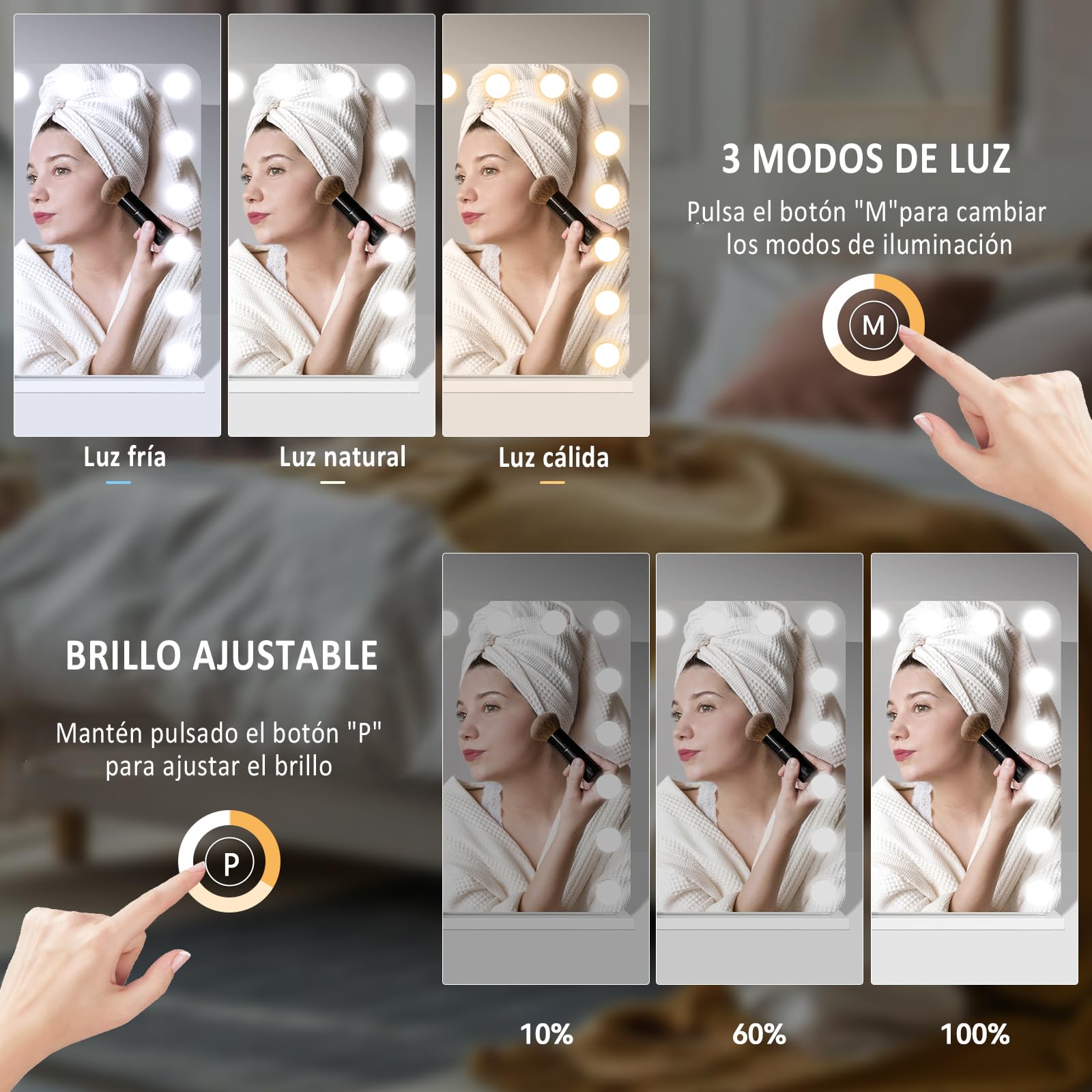 YU YUSING Hollywood Espejo Maquillaje con Luz 18 LED, 80 x 60cm, 3 Modos Iluminación Regulables, Espejo Tocador, Espejos de Mesa, USB, 10x, Vanity Mirror Tocador Dormitorio, Esquinas Redondas, Blanco