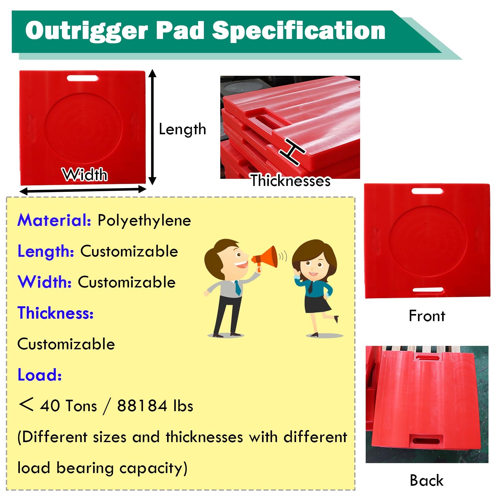 Generico Confezione da 4 tappetini stabilizzatori Personalizzati - 40x40 cm, Resistenti, per Gru, Pompe per calcestruzzo e Supporto Camper - Blocchi di atterraggio per martinetti da 40 tonnellate per