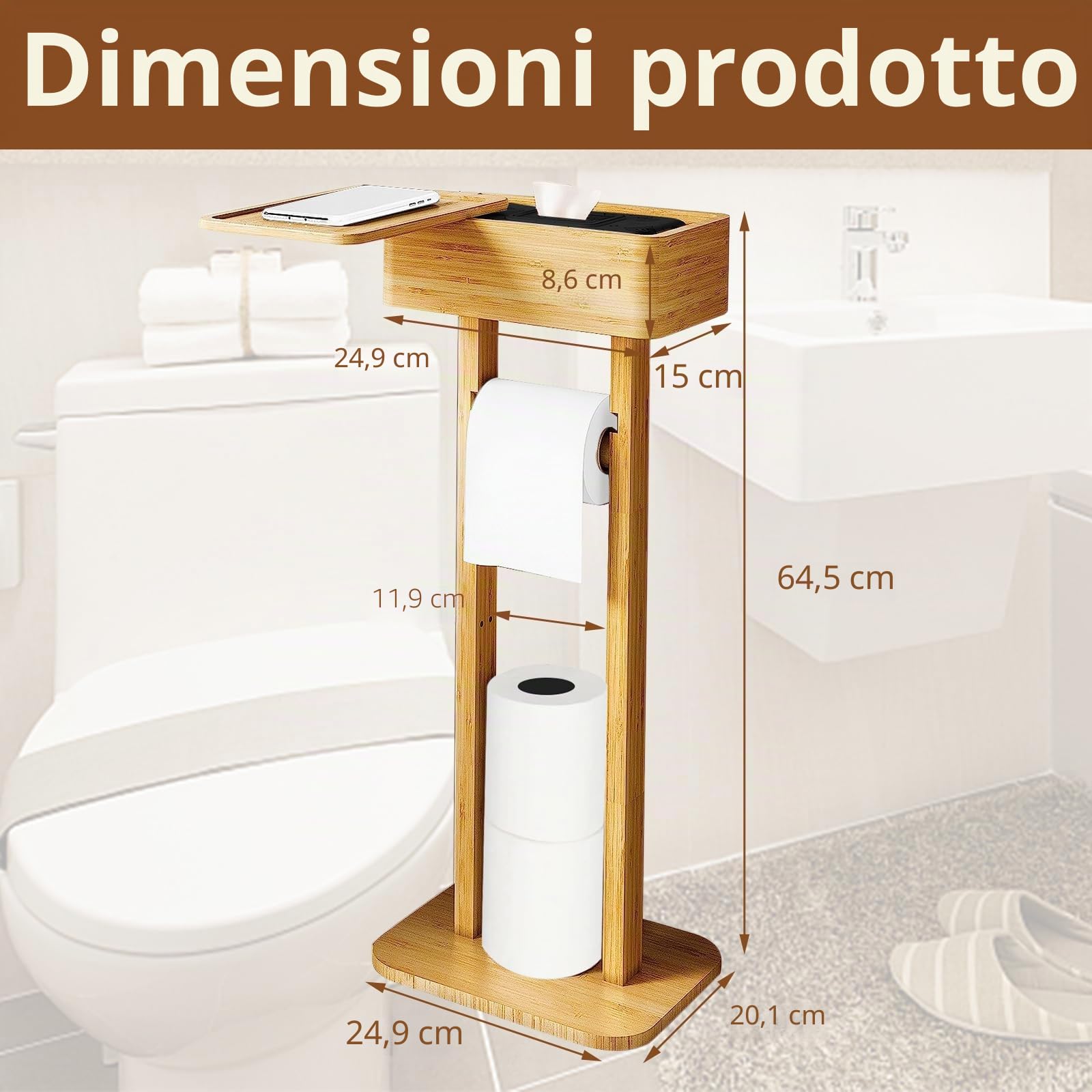 Supporto per Carta Igienica 4 in 1 Con Ripiano Portaoggetti, Porta Rotolo in Bambù Autoportante, Organizer