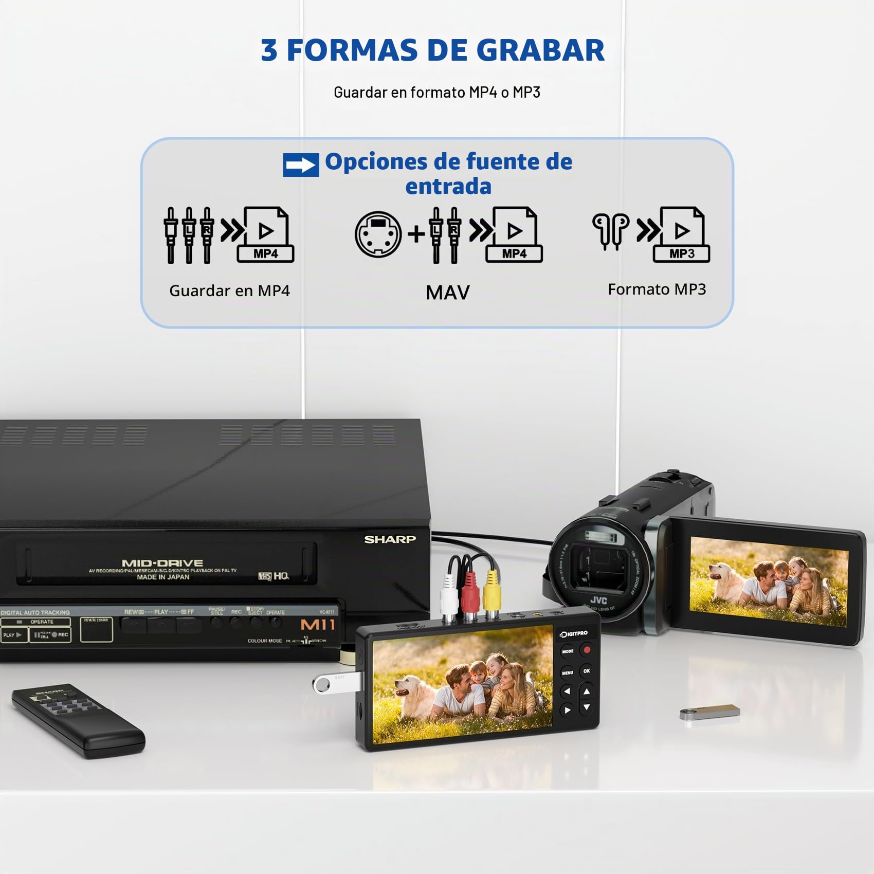 Convertidor VHS a Digital 3.0, video HD de 5 pulgadas a grabadora digital, convierte video y audio de VCR analógico, DVR, DVD, Hi8, Mini DV, cintas de casete de videocámara (se necesitan