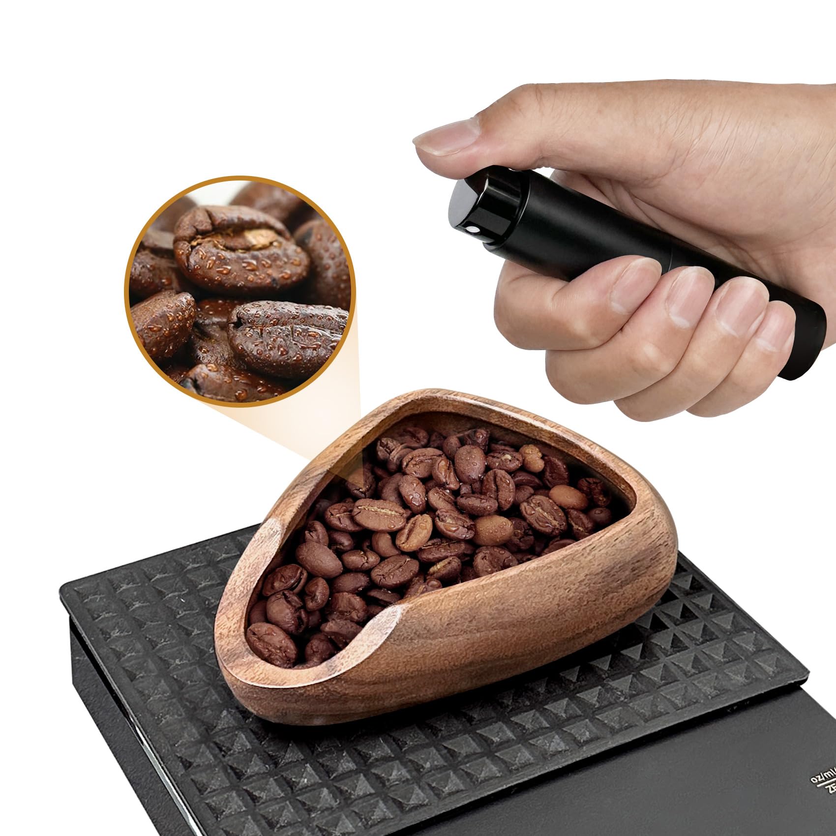 SanSLicoo Coffee Bean Dosing Cup and Spray Bottle Kit For Espresso, Walnut Coffee Bean Bowl Dosing Measuring Tray, Espresso Dosing Vessel Cupping, Espresso Accessories For Coffee/Tea/Sugar