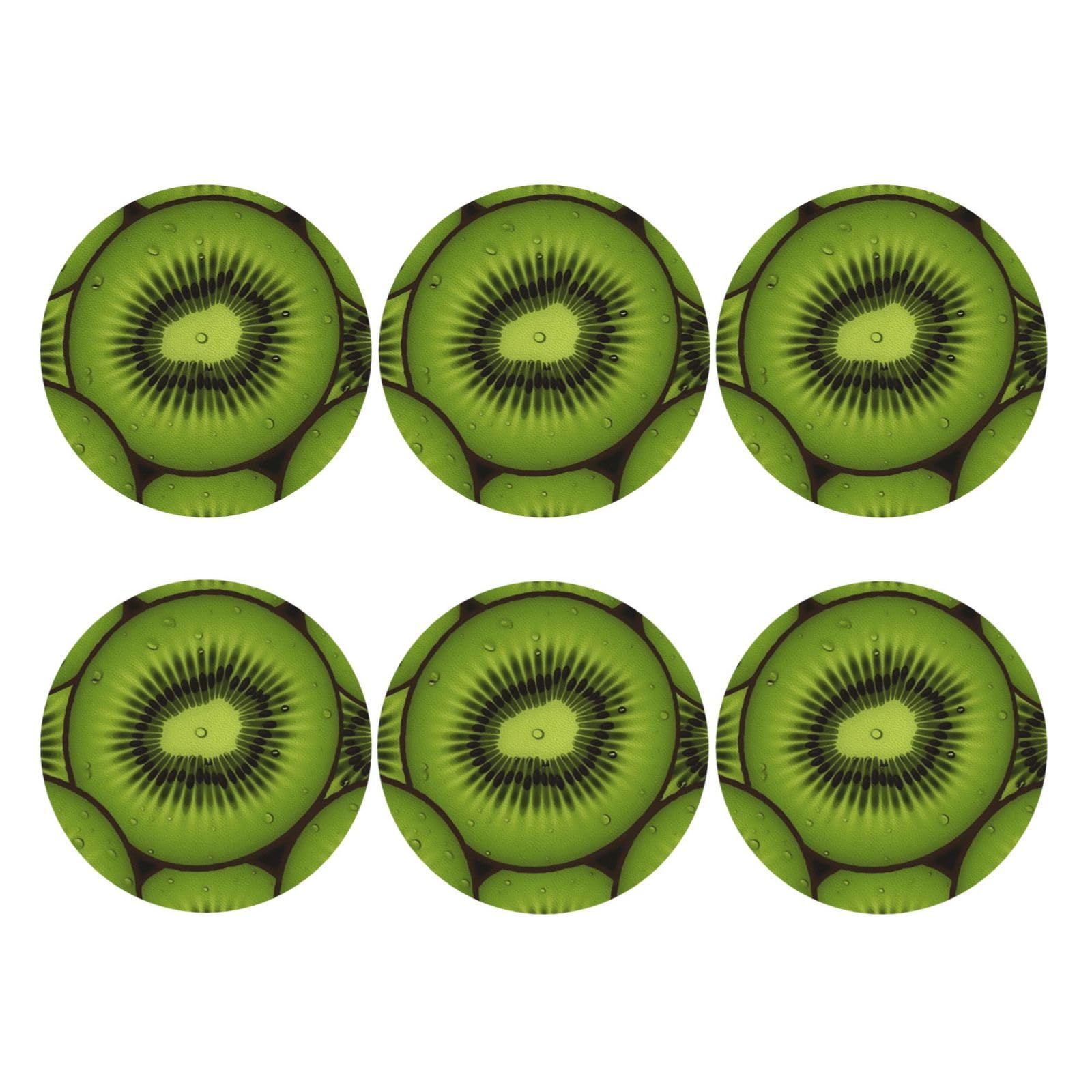 6pcs Leather Coasters for Drinks, Kiwi Slices Drink Coasters for Tabletop Protection, 4" Cup Coasters for Coffee Table Decor, Non-Slip Drinking Cup Mat for Hot Or Cold Drink