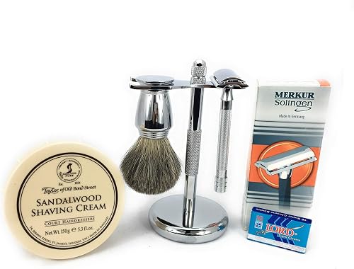 G.B.S Shaving Set Made in Soligen Germany MK 23 Safety Razor Long Handle, Taylor Of Bond Street Shave Cream Bowl Stand. Professional Badger Brush, 10 Pack of Blades Classic Vintage