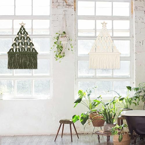 Miniatura 7 de VIHOSE 2 piezas de ornamento tejido bohemio de macramé para colgar en la pared para árbol de Navidad con luces LED, decoración para colgar en la