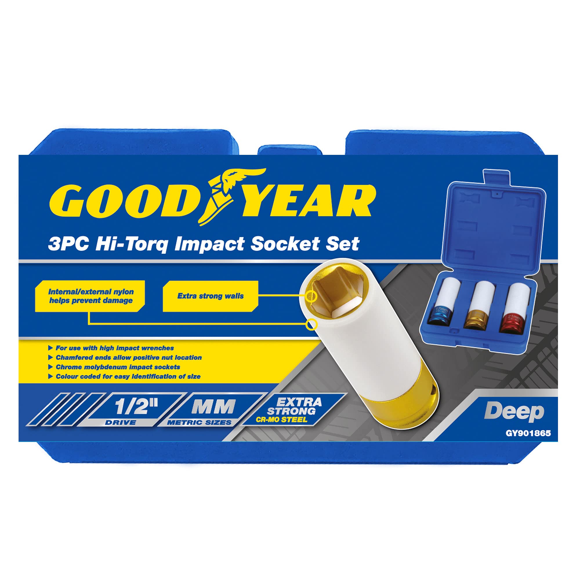 Goodyear Alloy Wheel Nut Deep Impact Socket Set 1/2"" Drive 17 19 21mm 901865