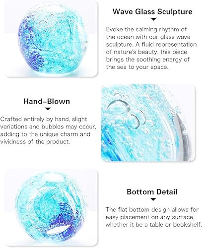Miniatura 5 de Bdor Esfera de vidrio soplado a mano olas del océano, pisapapeles azul, bola decorativa, arte de cristal de mar, cristal coleccionable, decoración
