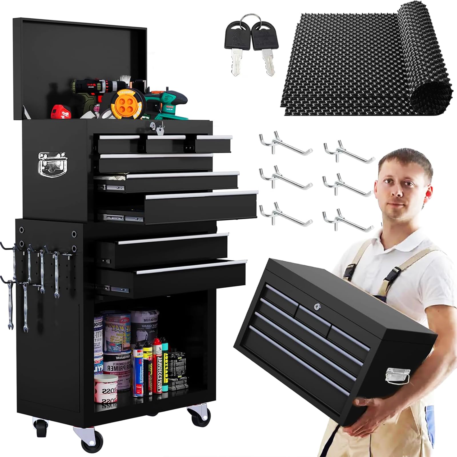 Clickoods 8-Drawer Rolling Tool Chest – 2-in-1 Lockable Tool Box with Wheels, Sliding Drawers & Detachable Top – Garage & Workshop Storage Cabinet,