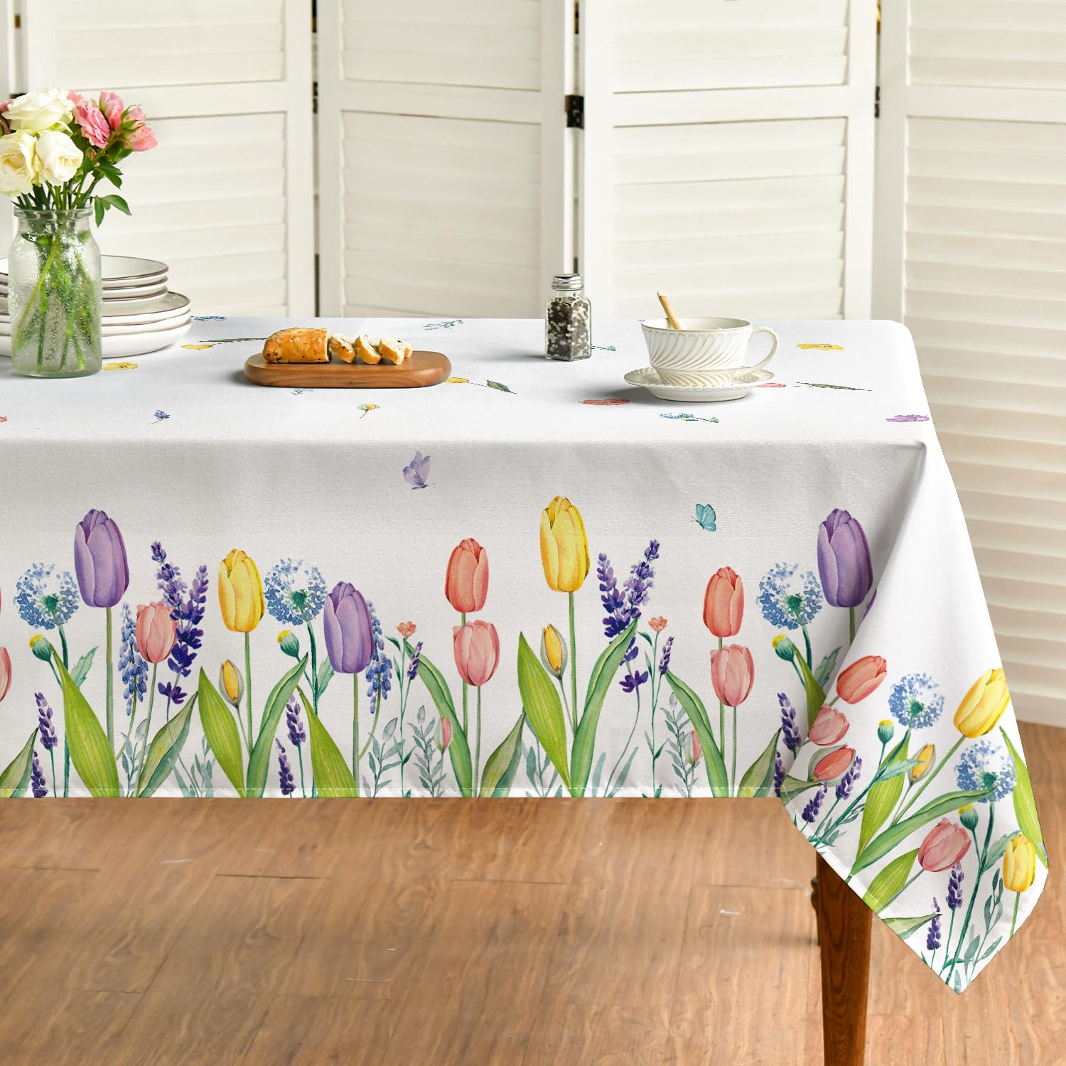Horaldaily Spring Summer Tablecloth 60x84 Inch, Easter Watercolor Wild Flowers Tulip Lavender Blooming Floral Table Cover for Party Picnic Dinner